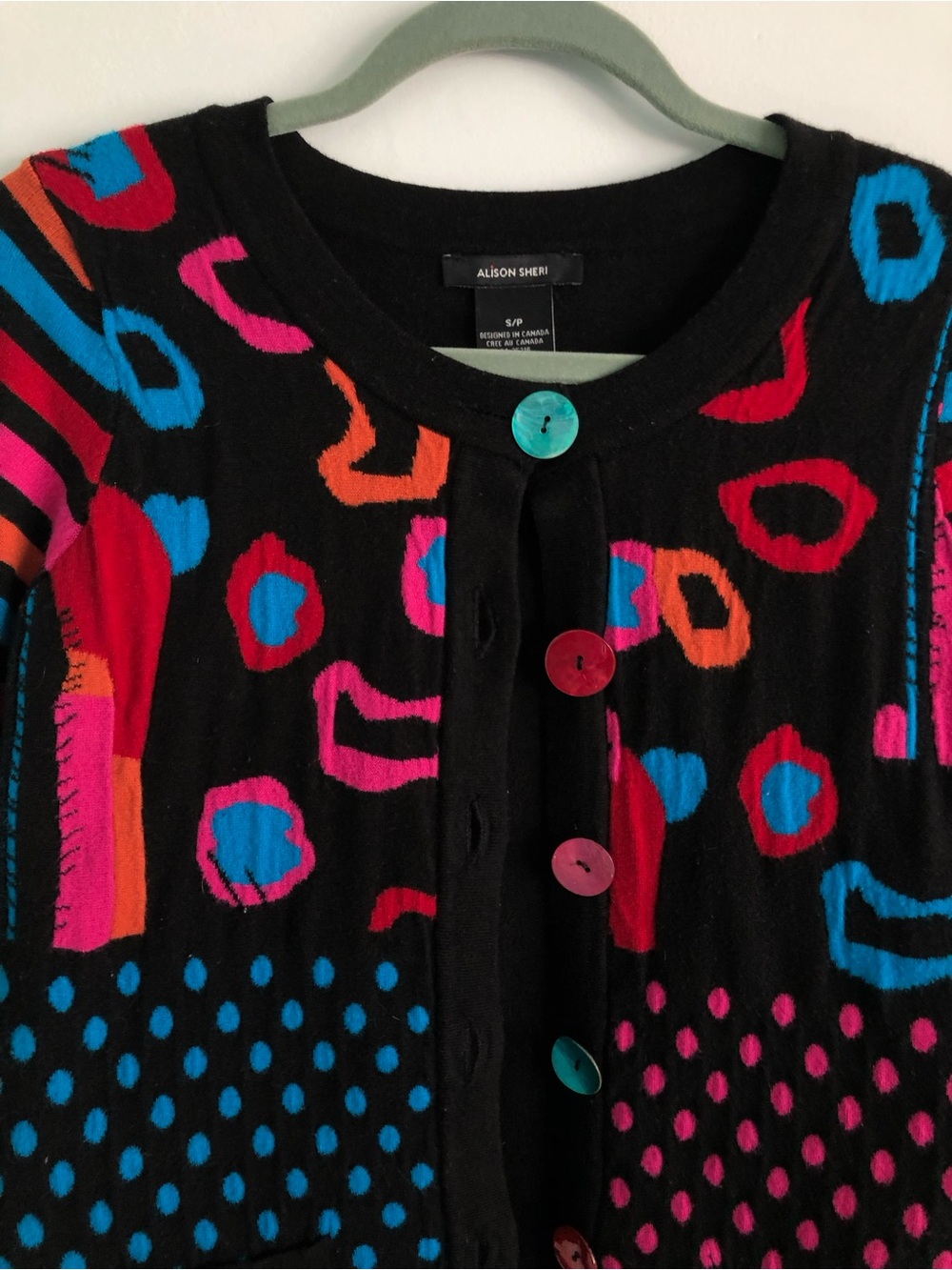 Y2K Abstract Art Teacher Mixed Print Button-Up Cardigan Sweater Size S - Picture 2 of 15